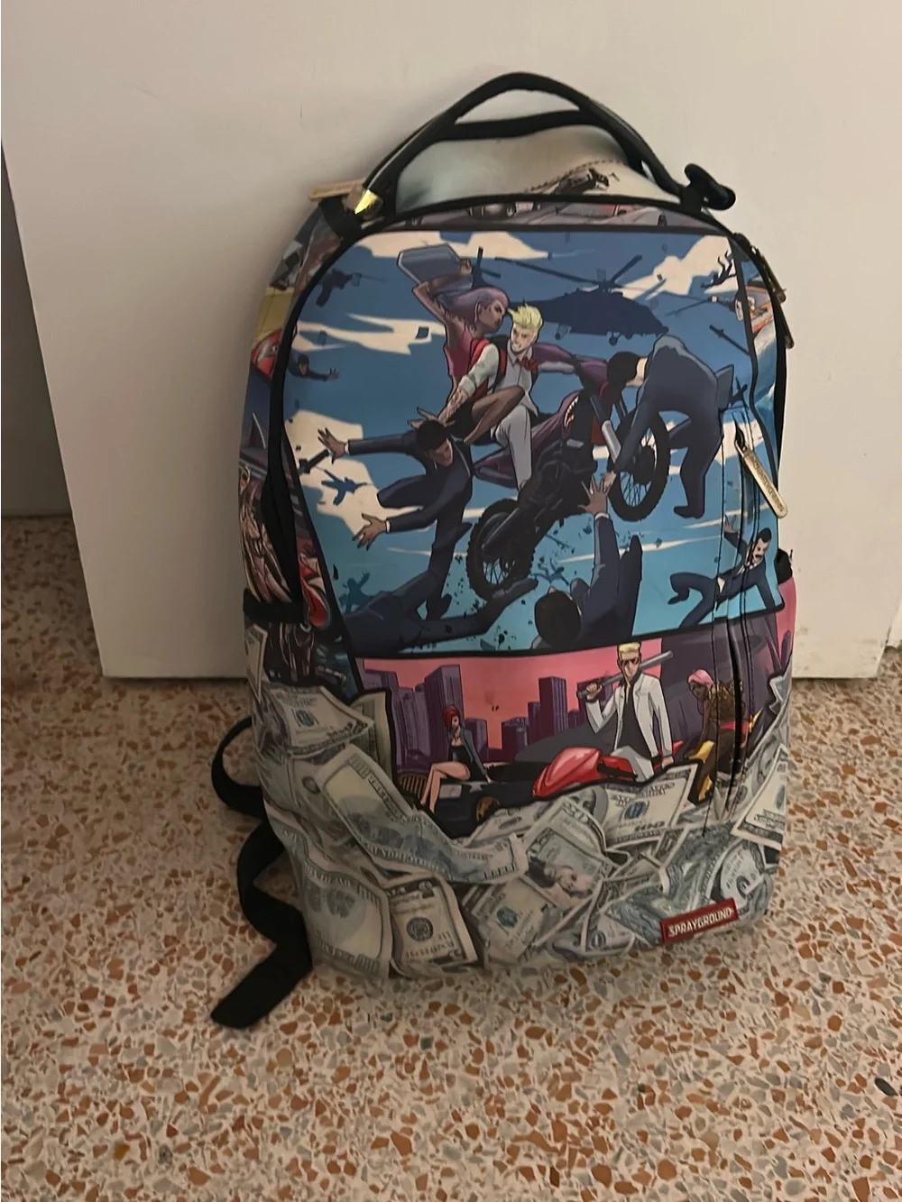 Graphic Adventure Print Backpack in Blue and Black